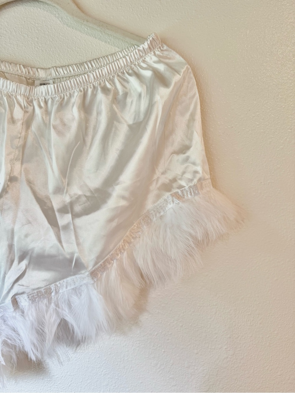 Silky White Feather-Trim Sleep Shorts + shirt set